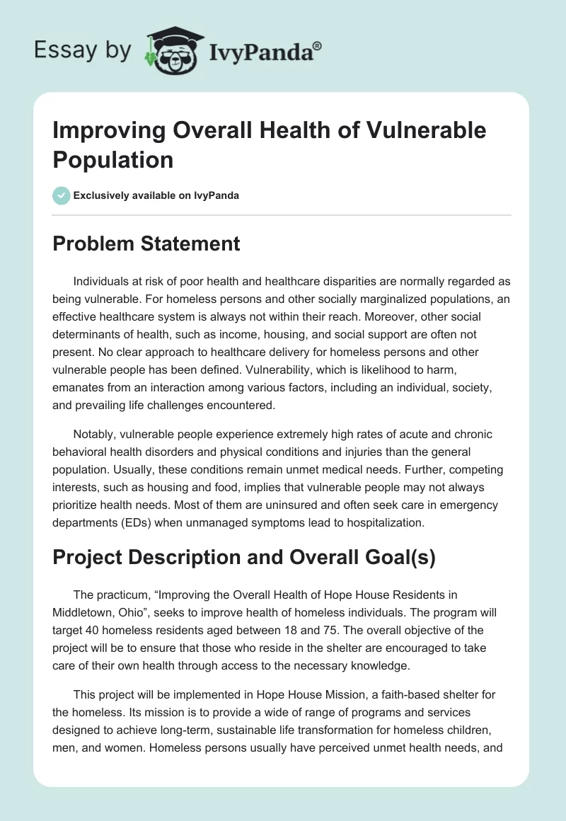 Improving Overall Health of Vulnerable Population. Page 1