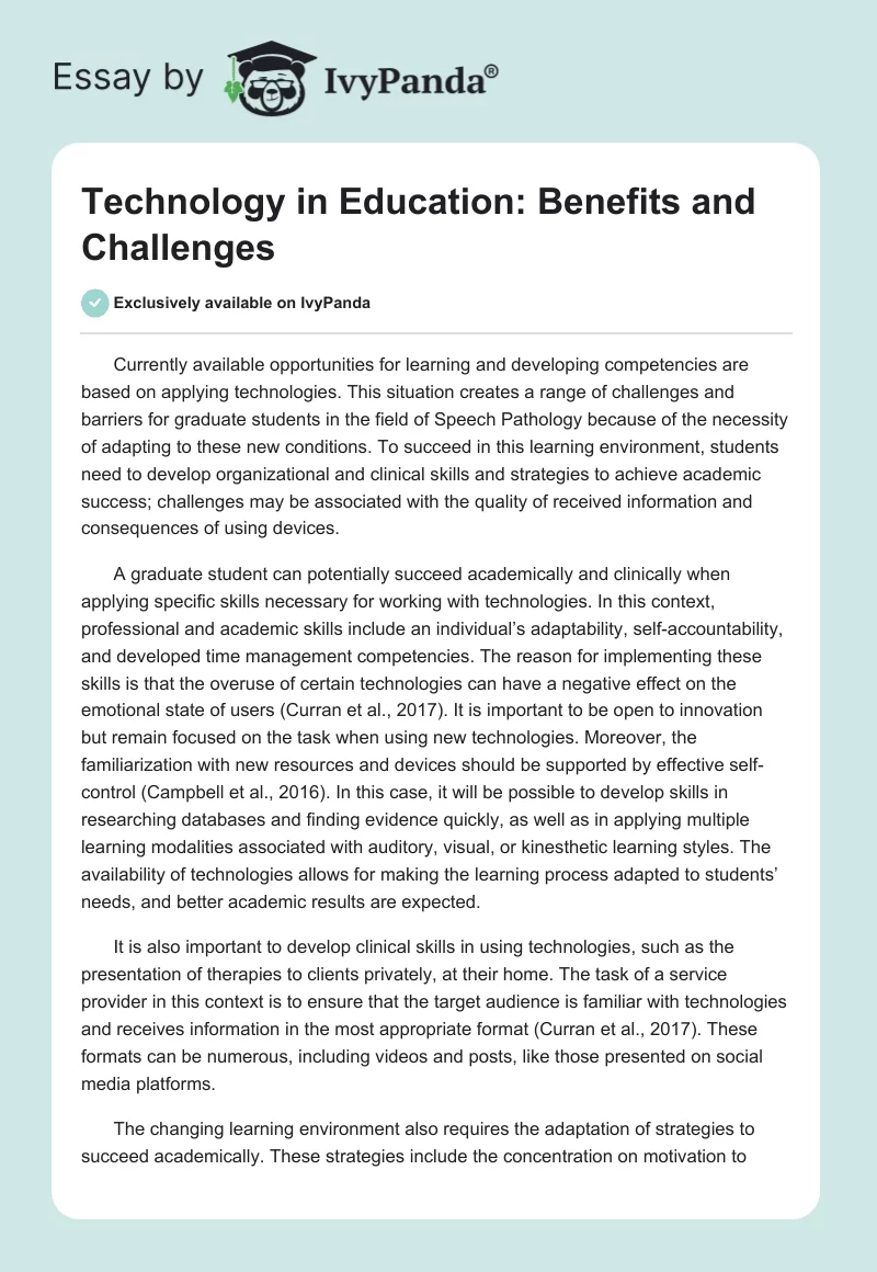 Technology in Education: Benefits and Challenges. Page 1