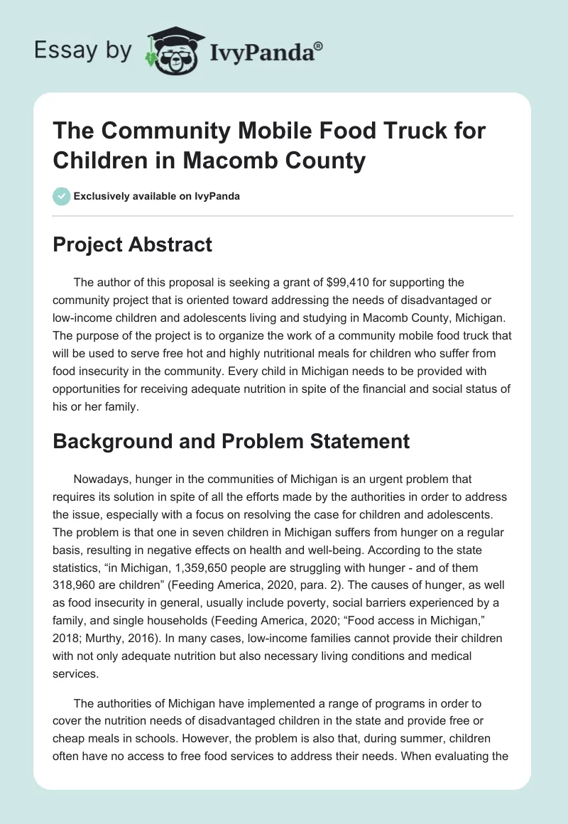 The Community Mobile Food Truck for Children in Macomb County. Page 1