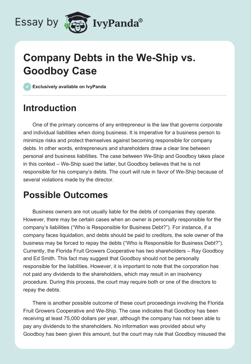 Company Debts in the We-Ship vs. Goodboy Case. Page 1