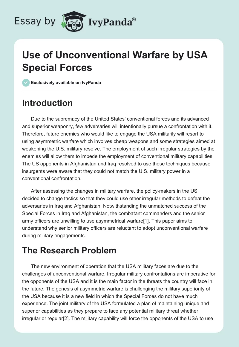 Use of Unconventional Warfare by USA Special Forces. Page 1