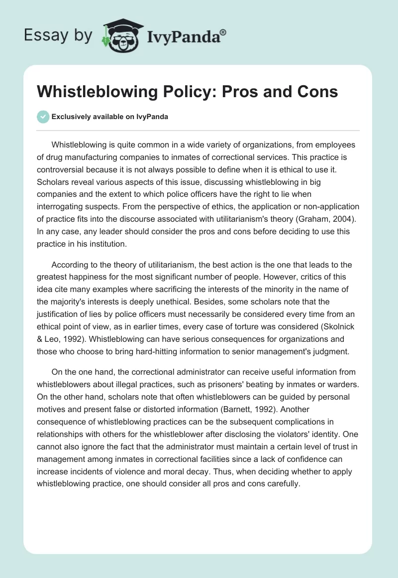 Whistleblowing Policy: Pros and Cons. Page 1