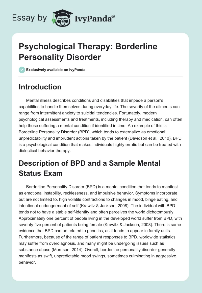 Psychological Therapy: Borderline Personality Disorder. Page 1