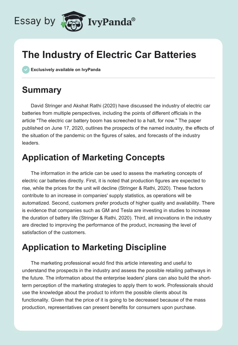 The Industry of Electric Car Batteries. Page 1