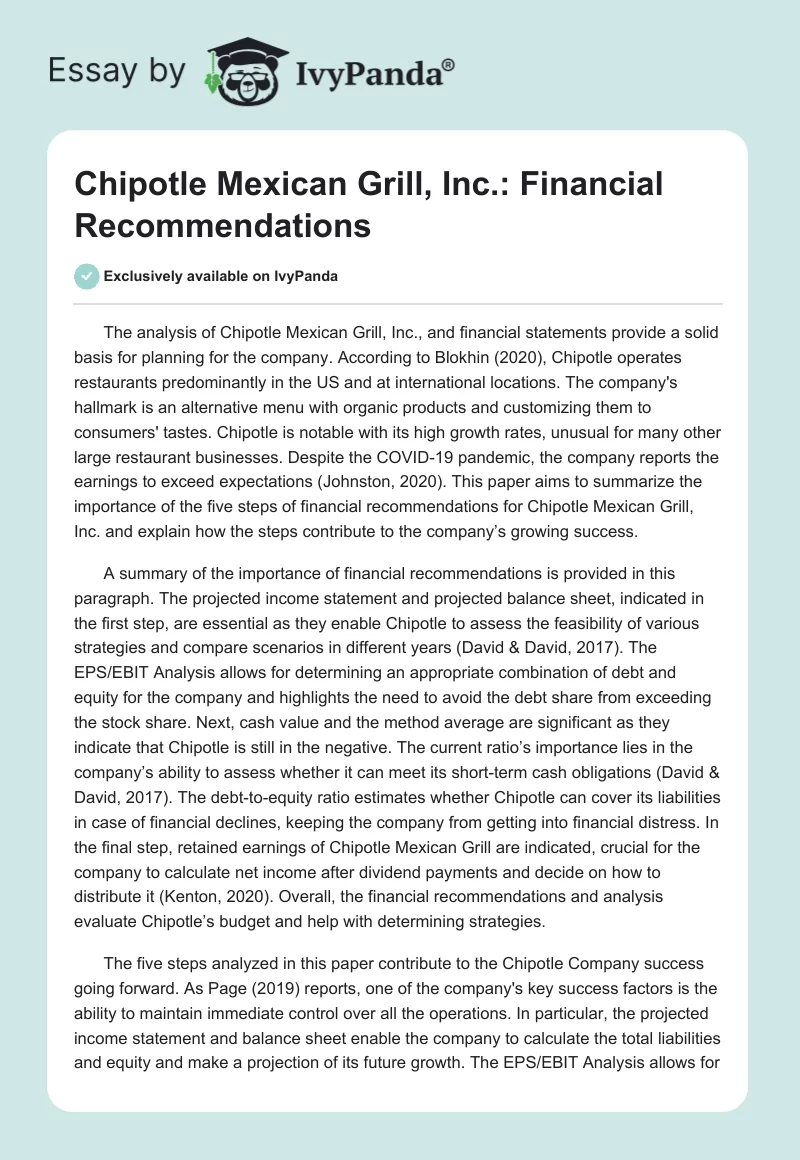 Chipotle Mexican Grill, Inc.: Financial Recommendations. Page 1