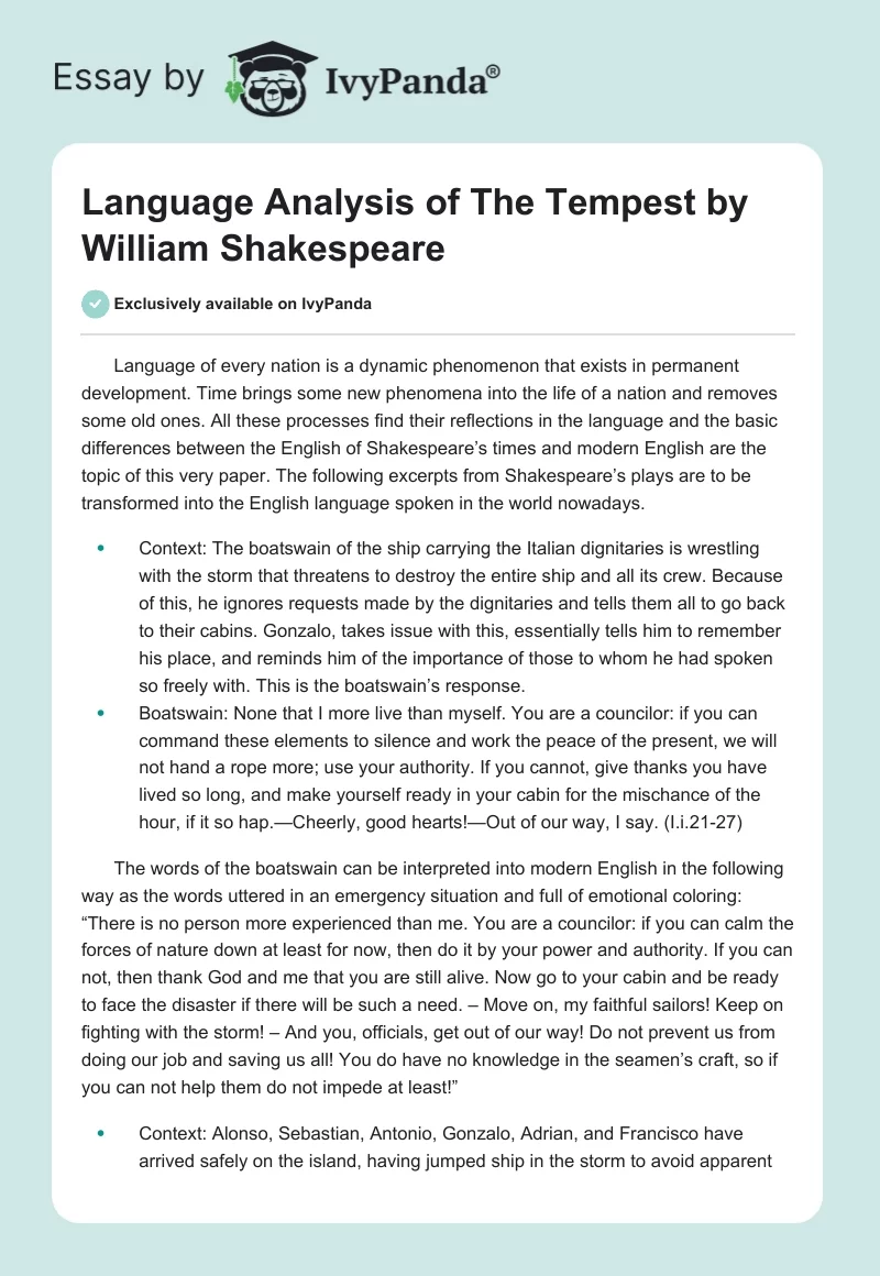 Language Analysis of The Tempest by William Shakespeare. Page 1