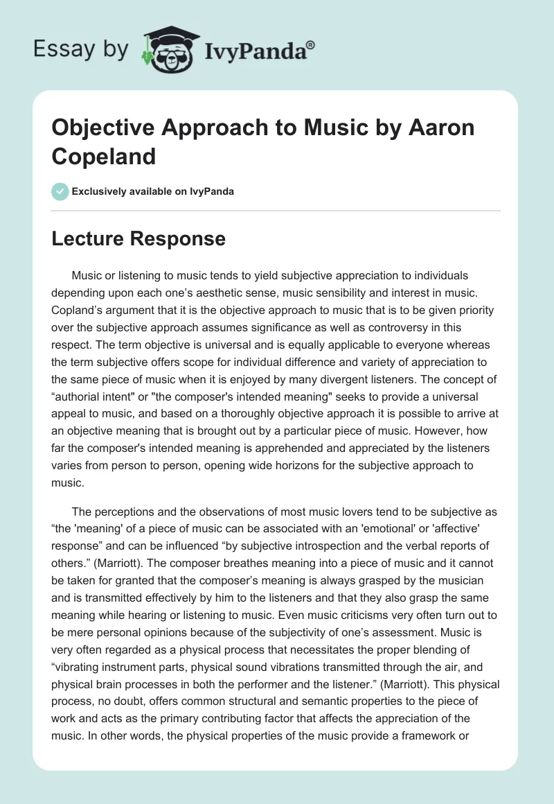 Objective Approach to Music by Aaron Copeland. Page 1