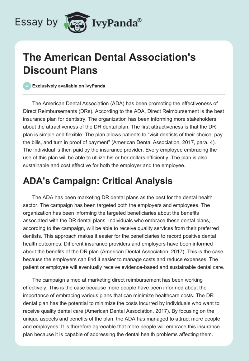 The American Dental Association's Discount Plans. Page 1
