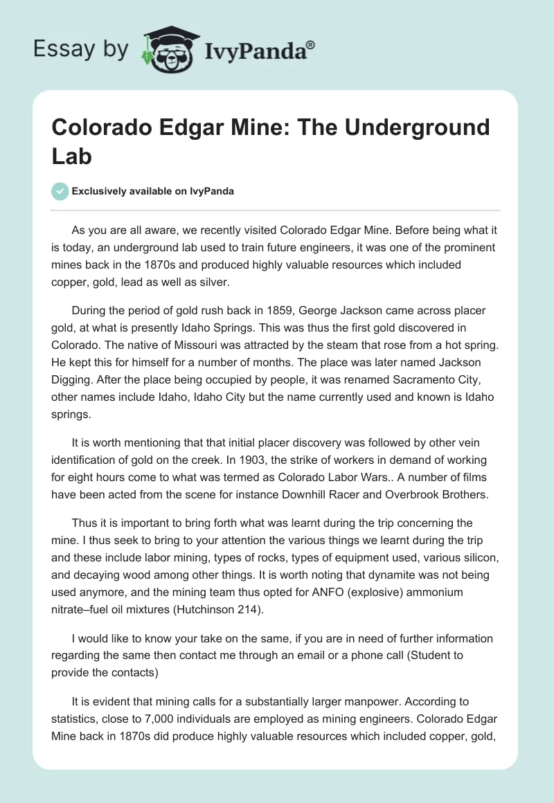 Colorado Edgar Mine: The Underground Lab. Page 1