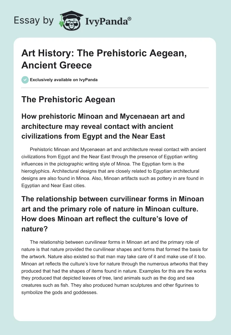 Art History: The Prehistoric Aegean, Ancient Greece. Page 1