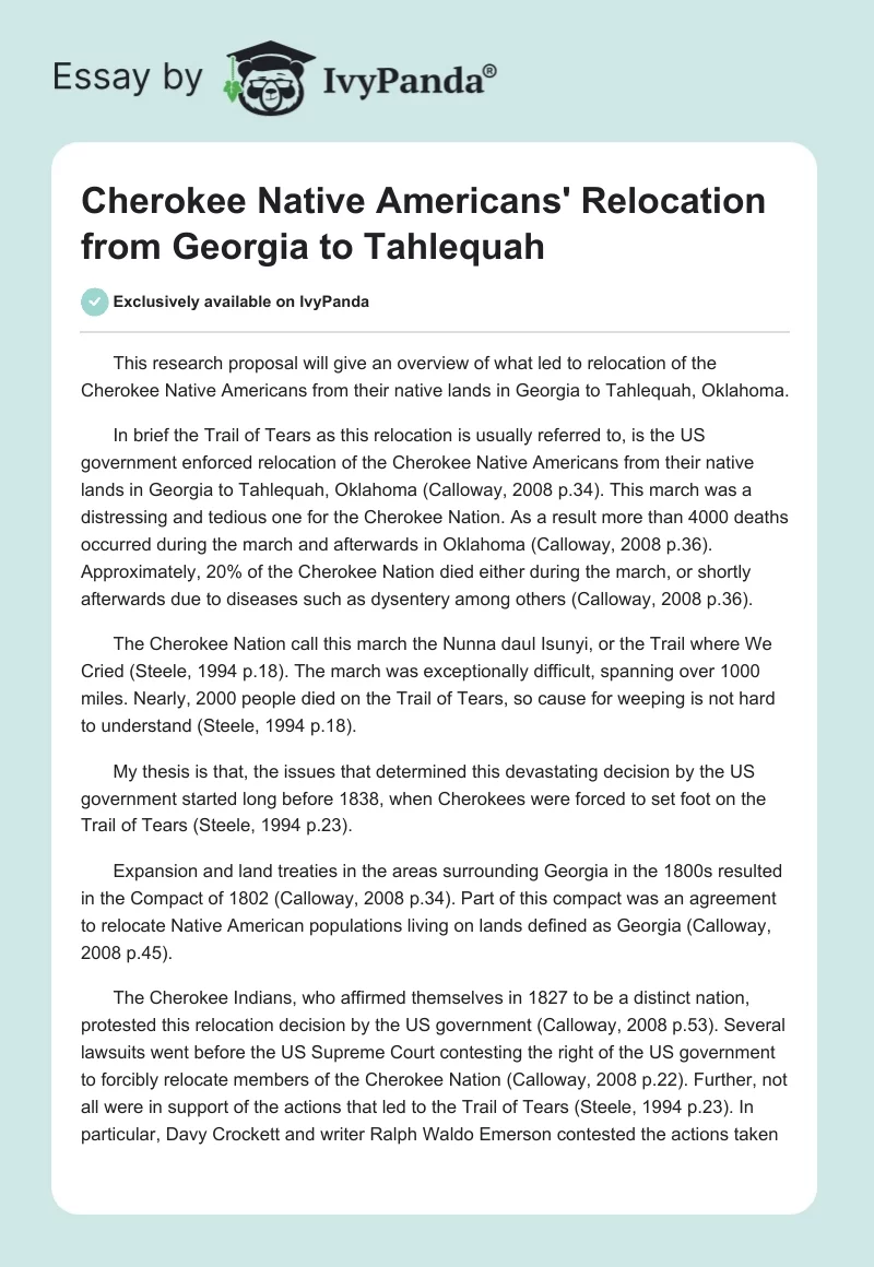 Cherokee Native Americans' Relocation From Georgia to Tahlequah. Page 1
