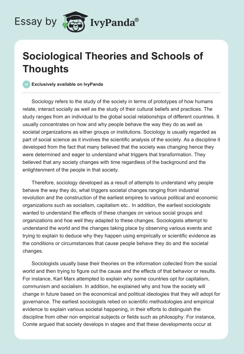 Sociological Theories and Schools of Thoughts. Page 1