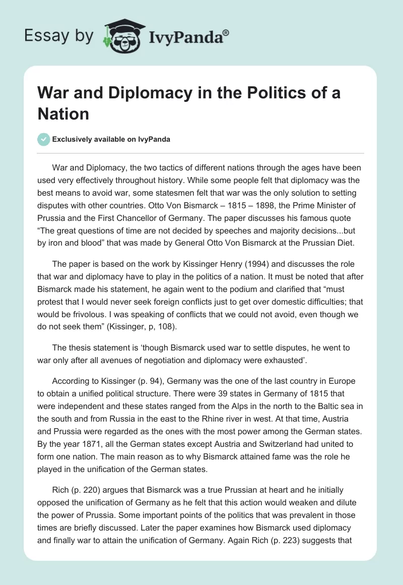 War and Diplomacy in the Politics of a Nation. Page 1