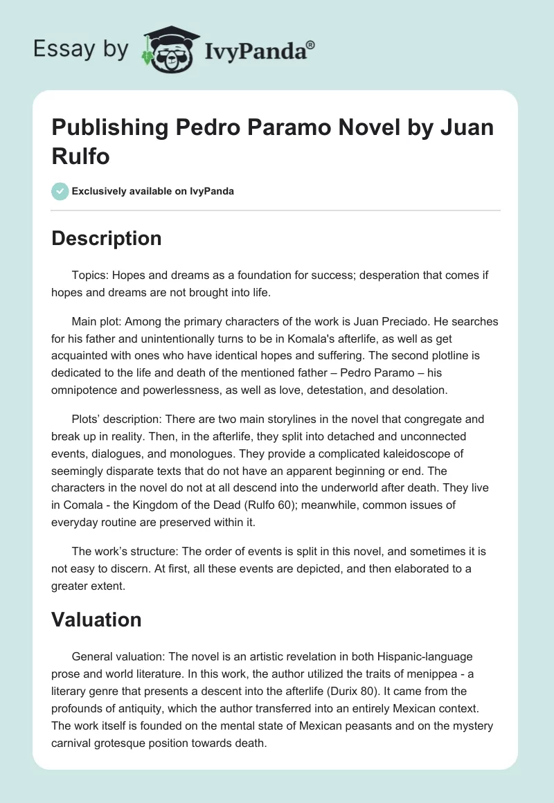 Publishing "Pedro Paramo" Novel by Juan Rulfo. Page 1