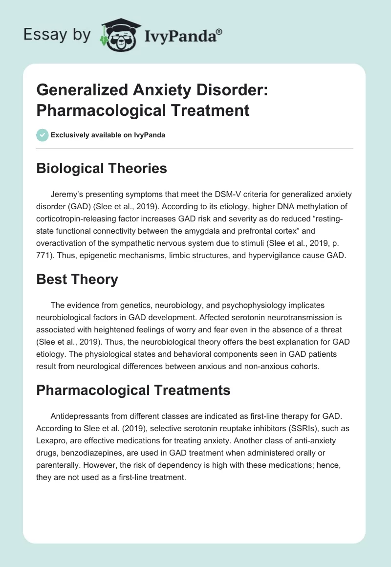 Generalized Anxiety Disorder: Pharmacological Treatment. Page 1