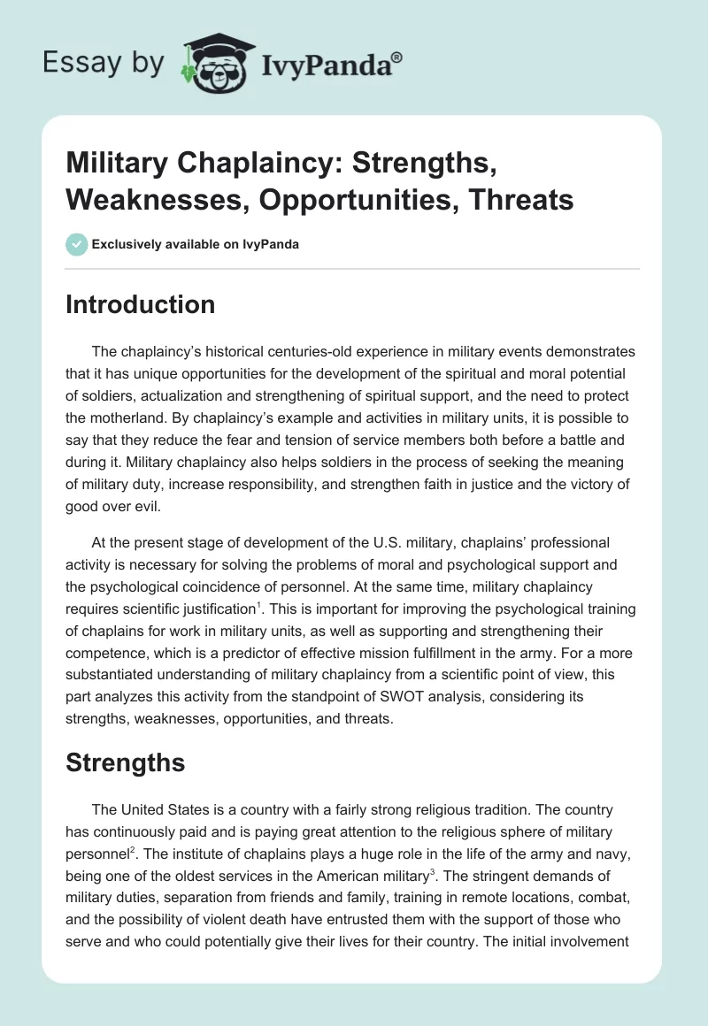 Military Chaplaincy: Strengths, Weaknesses, Opportunities, Threats. Page 1