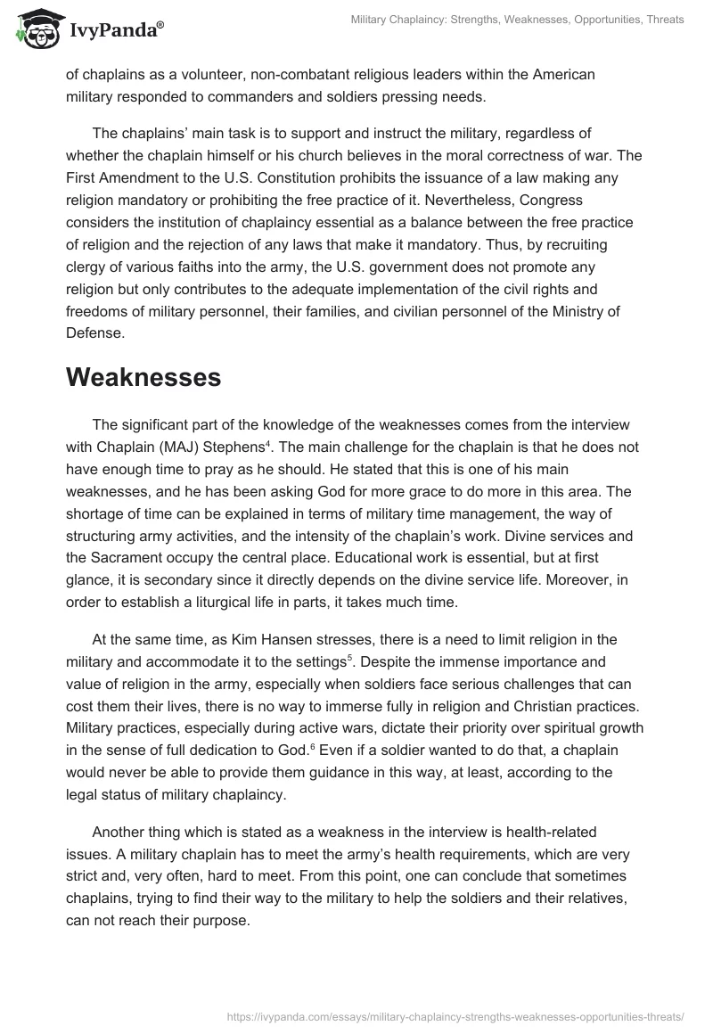 Military Chaplaincy: Strengths, Weaknesses, Opportunities, Threats. Page 2