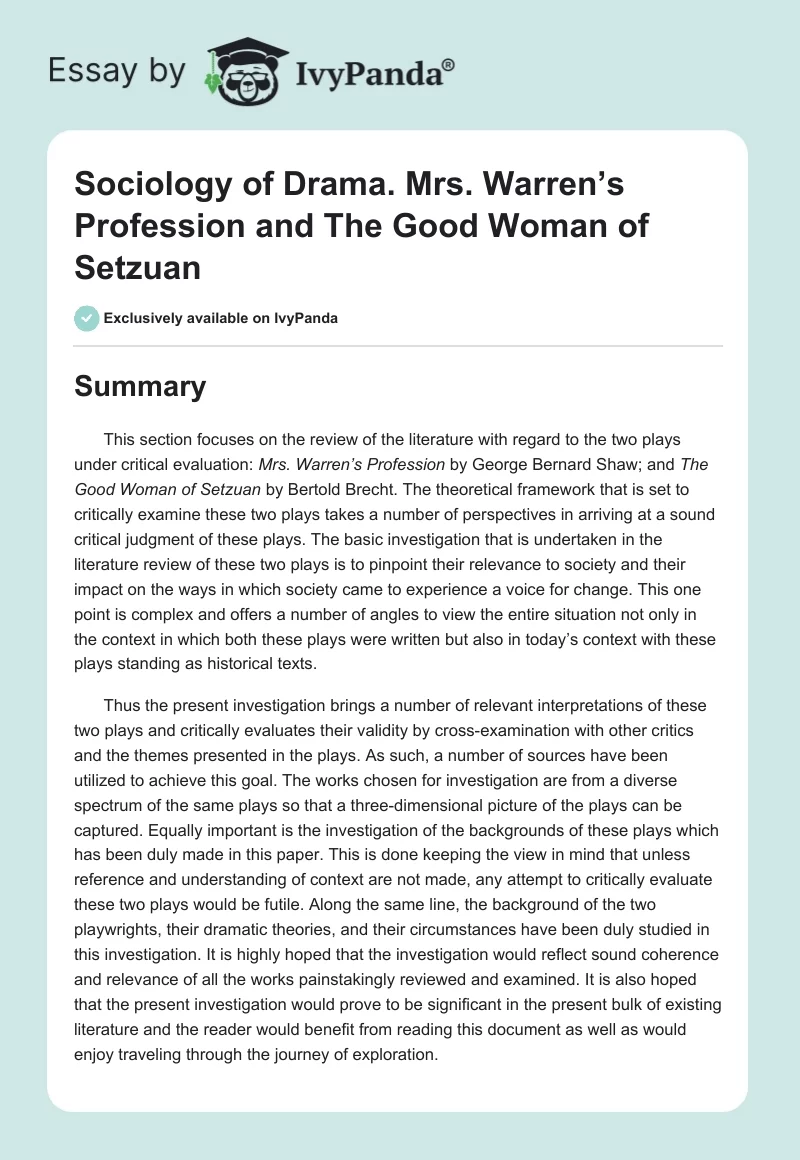 Sociology of Drama. Mrs. Warren’s Profession and The Good Woman of Setzuan. Page 1