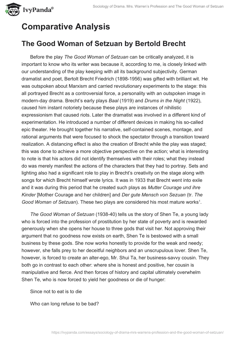 Sociology of Drama. Mrs. Warren’s Profession and The Good Woman of Setzuan. Page 2