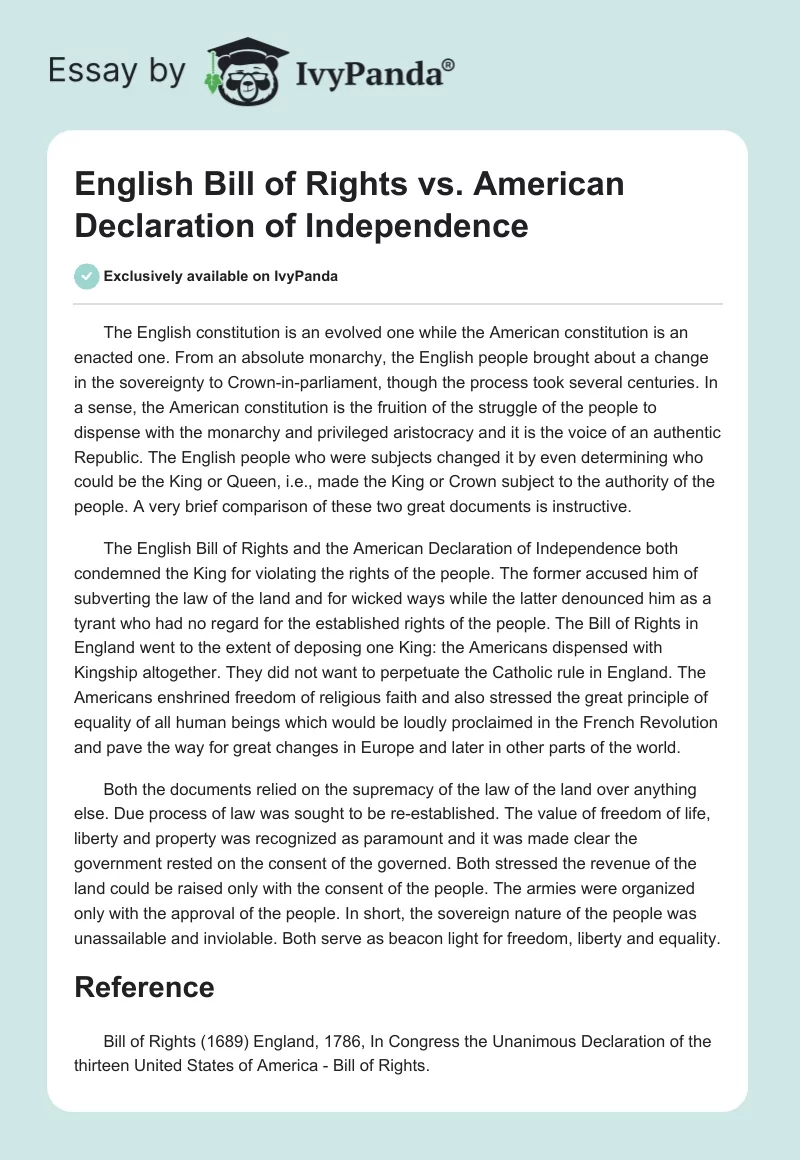 English Bill of Rights vs. American Declaration of Independence. Page 1