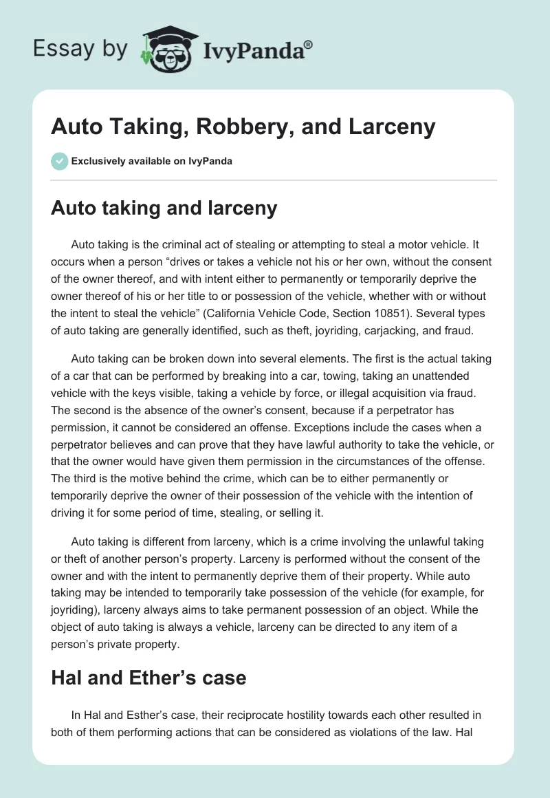 Auto Taking, Robbery, and Larceny. Page 1