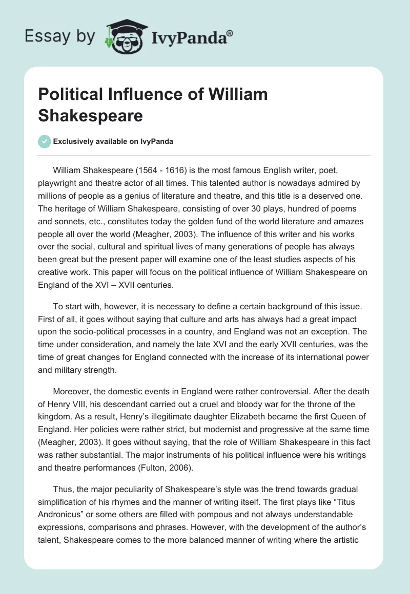 Political Influence of William Shakespeare. Page 1