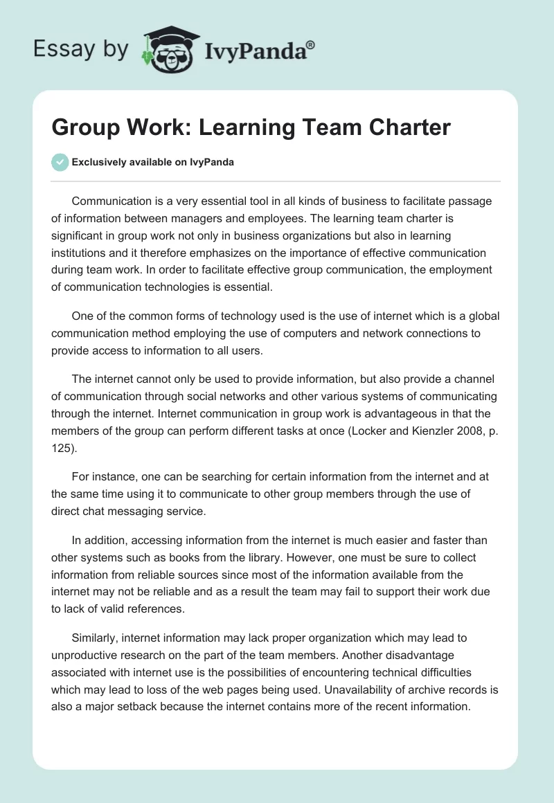 Group Work: Learning Team Charter. Page 1
