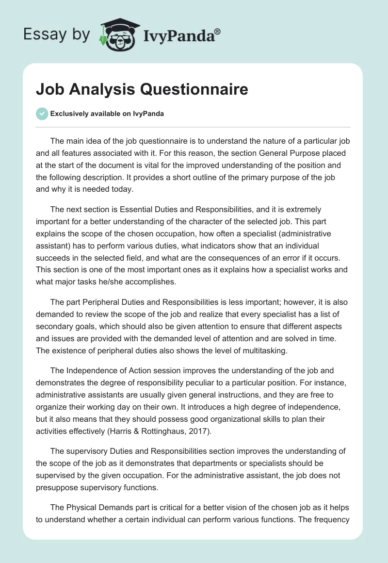 Job Analysis Questionnaire. Page 1