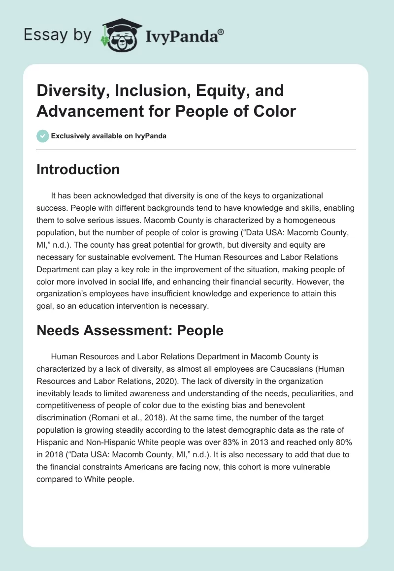 Diversity, Inclusion, Equity, and Advancement for People of Color. Page 1