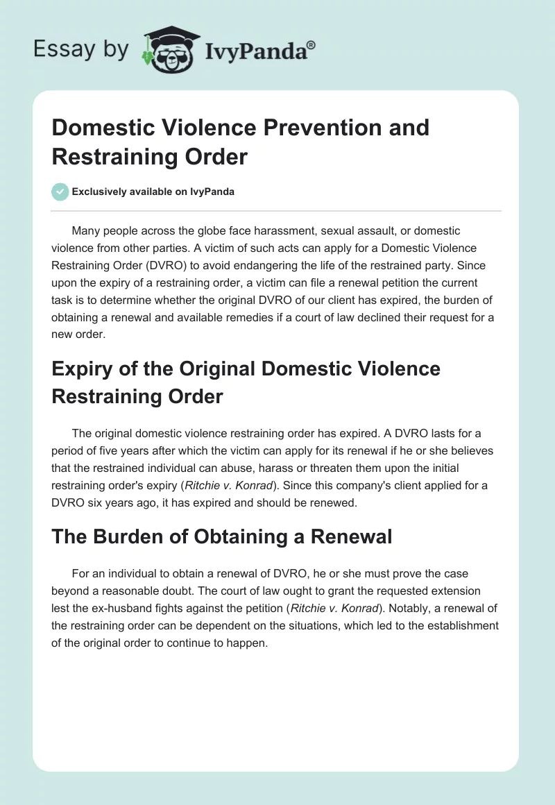 Domestic Violence Prevention and Restraining Order. Page 1