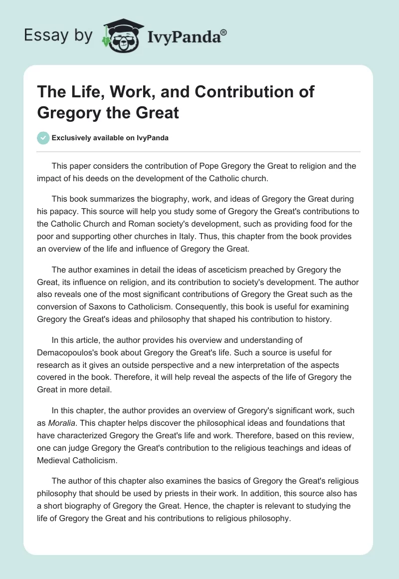 The Life, Work, and Contribution of Gregory the Great. Page 1
