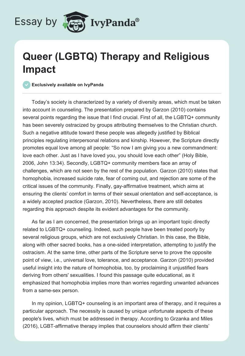 Queer (LGBTQ) Therapy and Religious Impact. Page 1