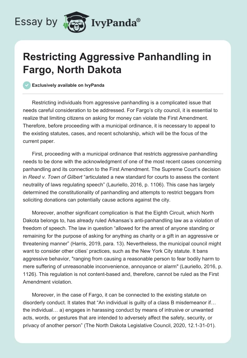Restricting Aggressive Panhandling in Fargo, North Dakota. Page 1