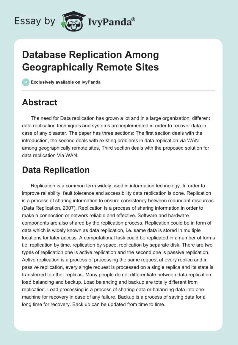 Database Replication Among Geographically Remote Sites. Page 1