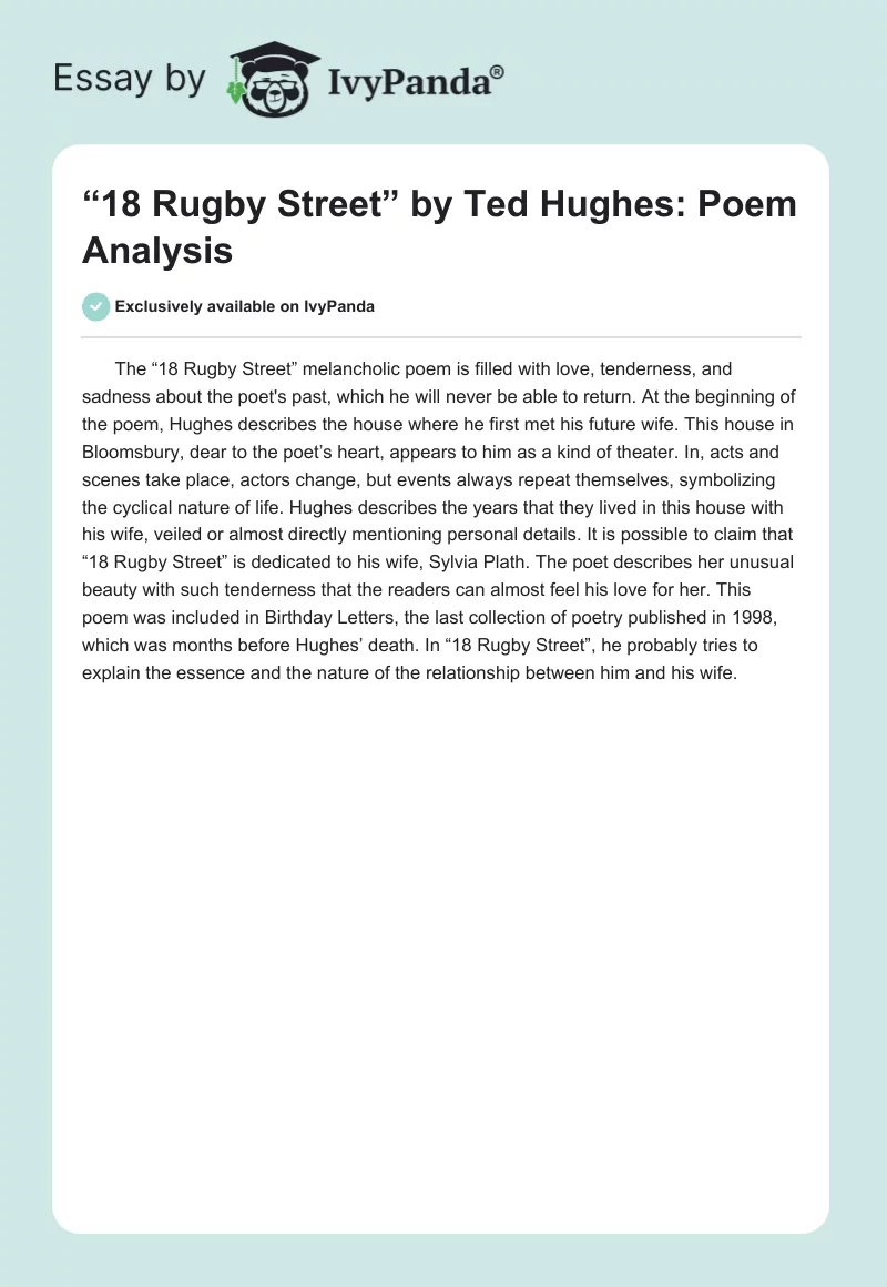 “18 Rugby Street” by Ted Hughes: Poem Analysis. Page 1