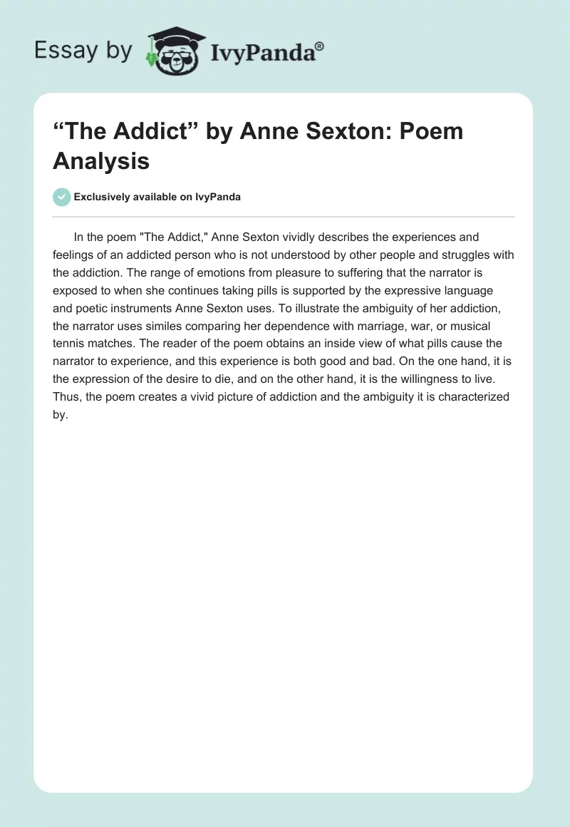 “The Addict” by Anne Sexton: Poem Analysis. Page 1