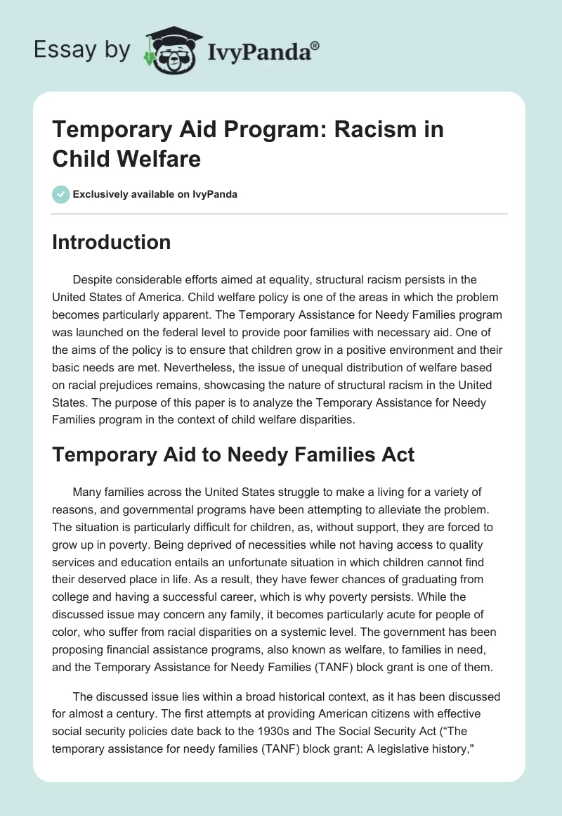 Temporary Aid Program: Racism in Child Welfare. Page 1