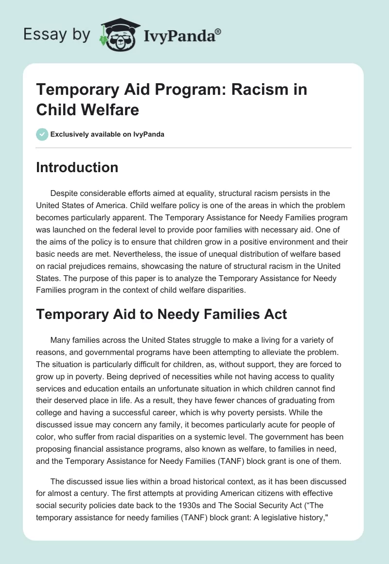 Temporary Aid Program Racism In Child Welfare 1208 Words Essay Example