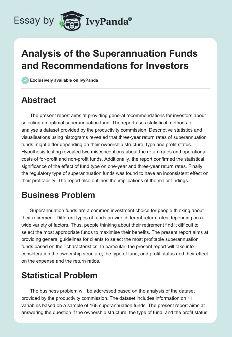 Analysis of the Superannuation Funds and Recommendations for Investors. Page 1