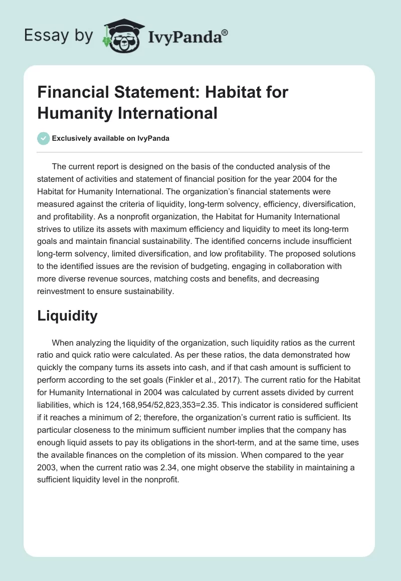 Financial Statement: Habitat for Humanity International. Page 1