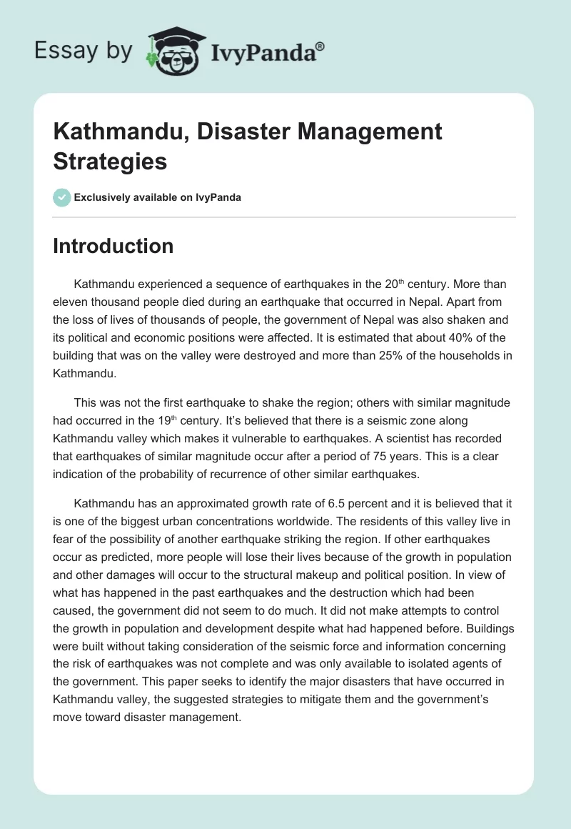 Kathmandu, Disaster Management Strategies. Page 1