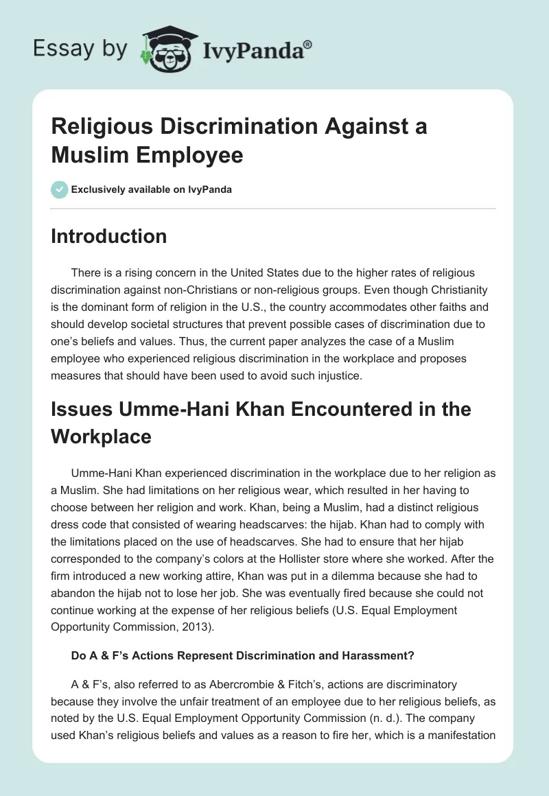Religious Discrimination Against a Muslim Employee. Page 1