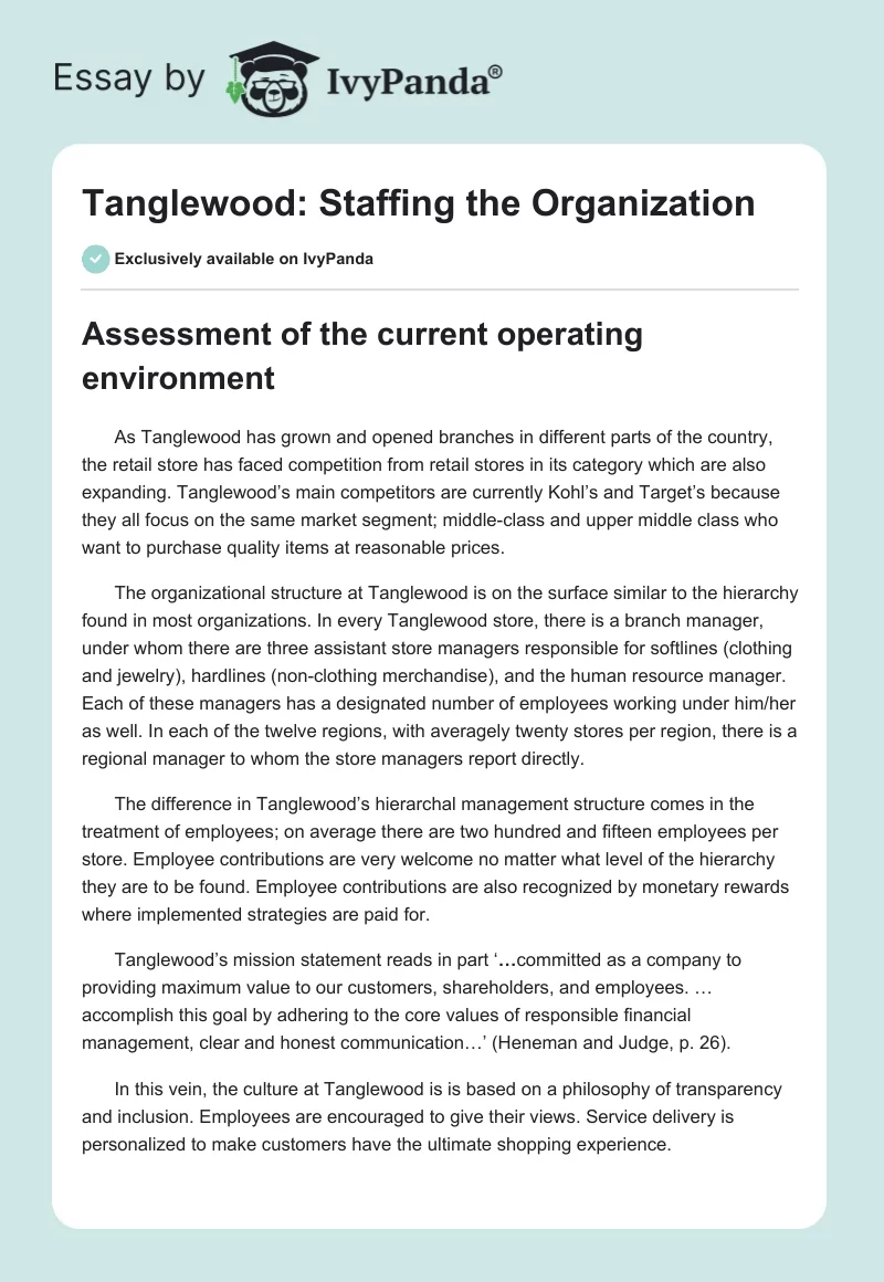 Tanglewood: Staffing the Organization. Page 1