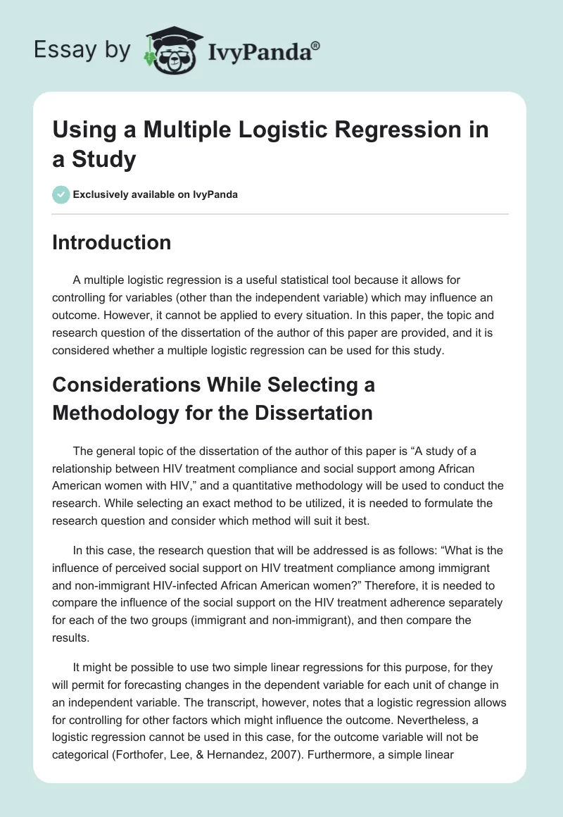 Using a Multiple Logistic Regression in a Study. Page 1