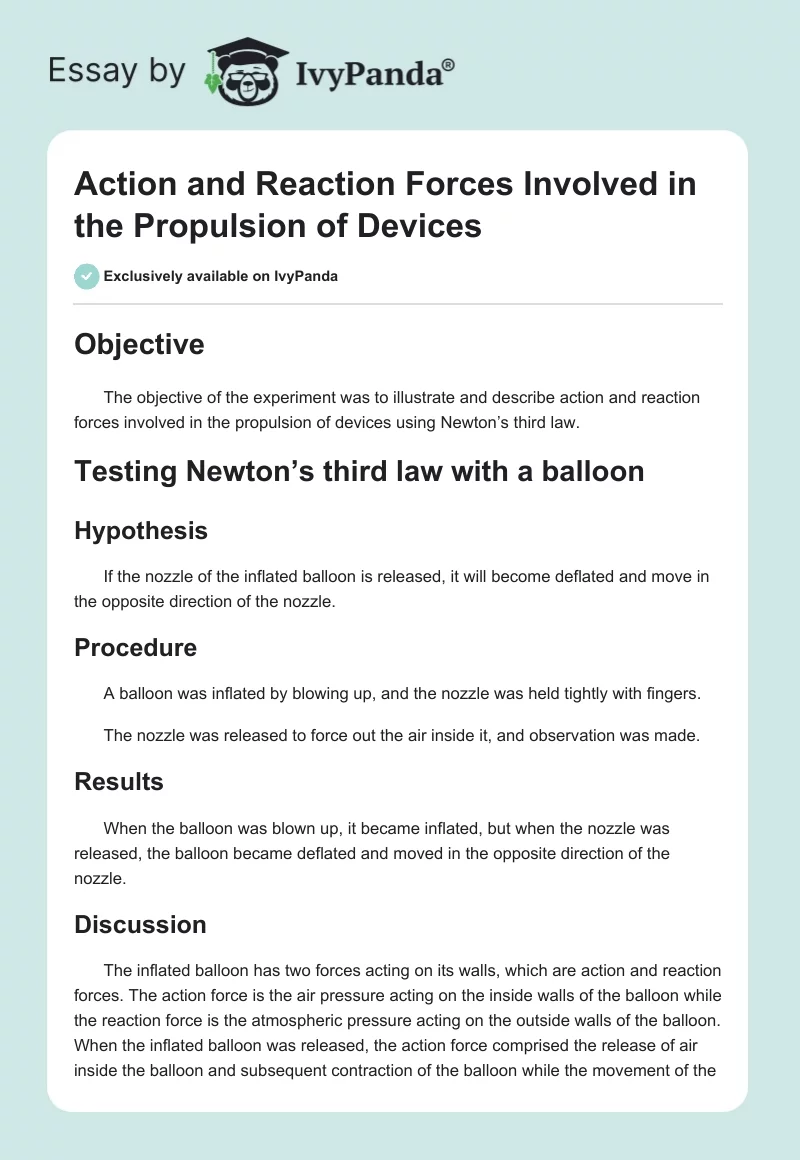 Action and Reaction Forces Involved in the Propulsion of Devices. Page 1