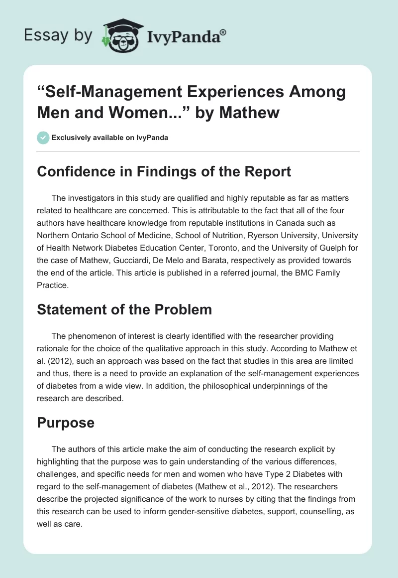 “Self-Management Experiences Among Men and Women...” by Mathew. Page 1