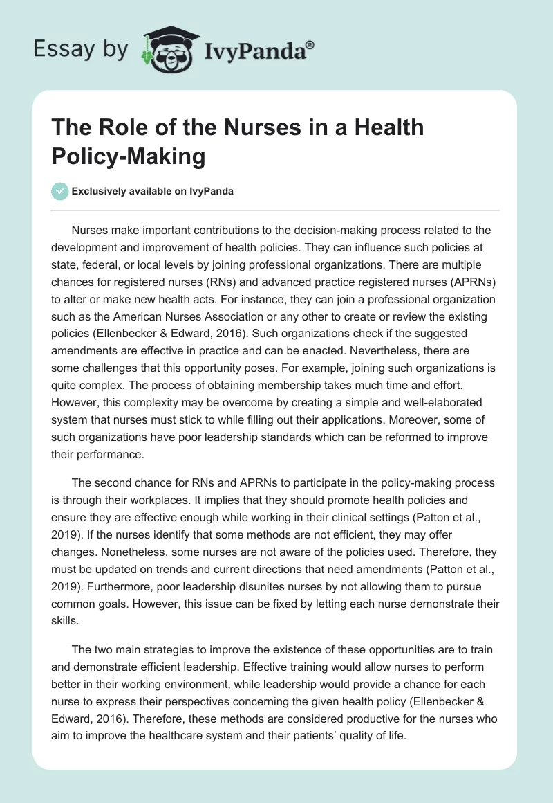 The Role of the Nurses in a Health Policy-Making. Page 1