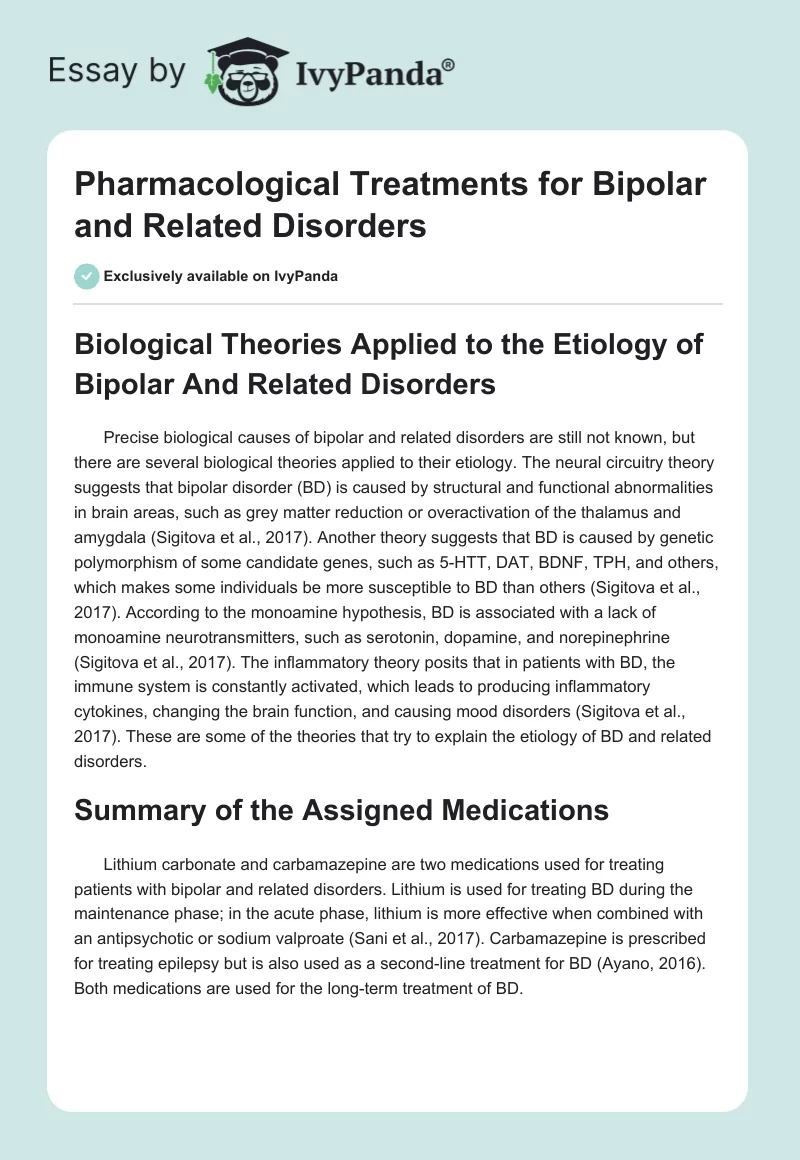 Pharmacological Treatments for Bipolar and Related Disorders. Page 1