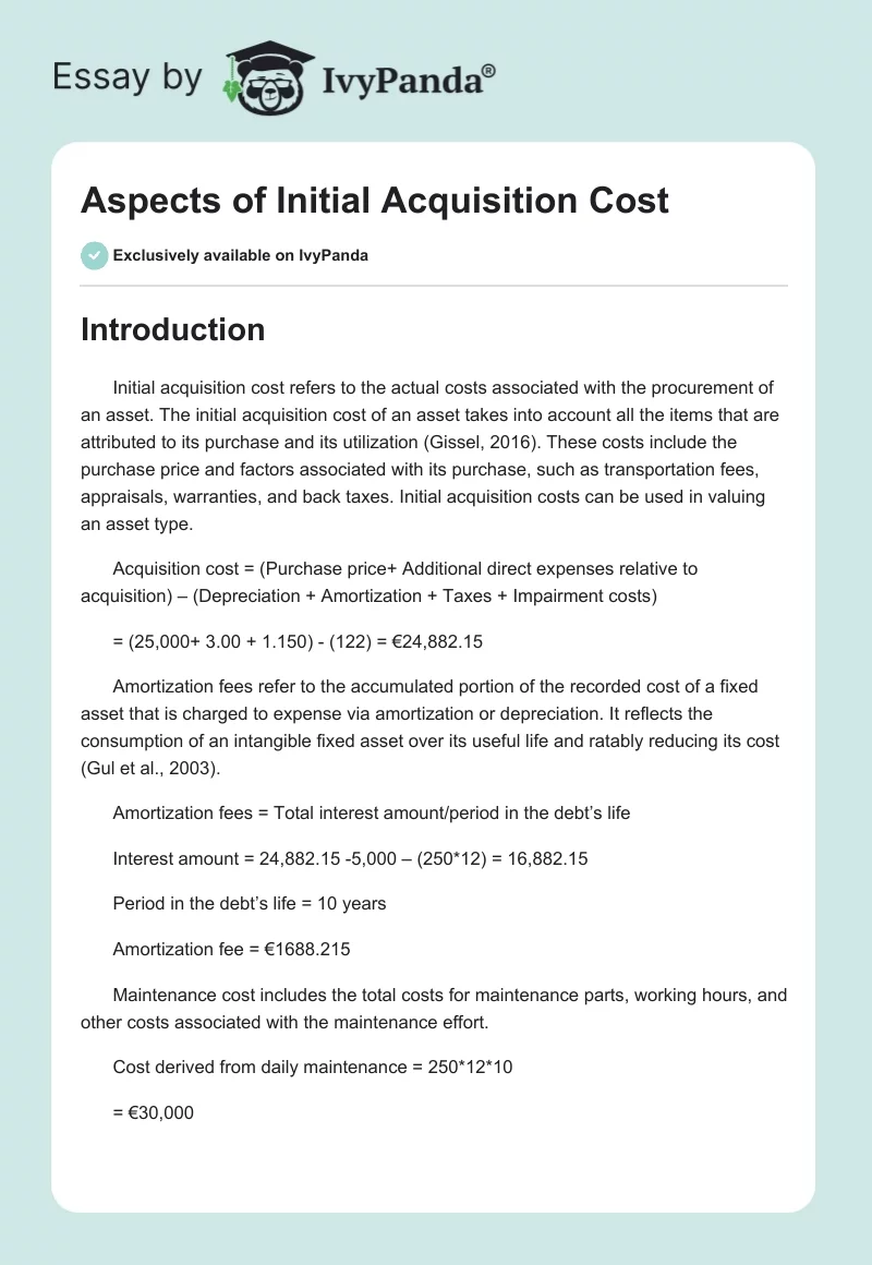 Aspects of Initial Acquisition Cost. Page 1