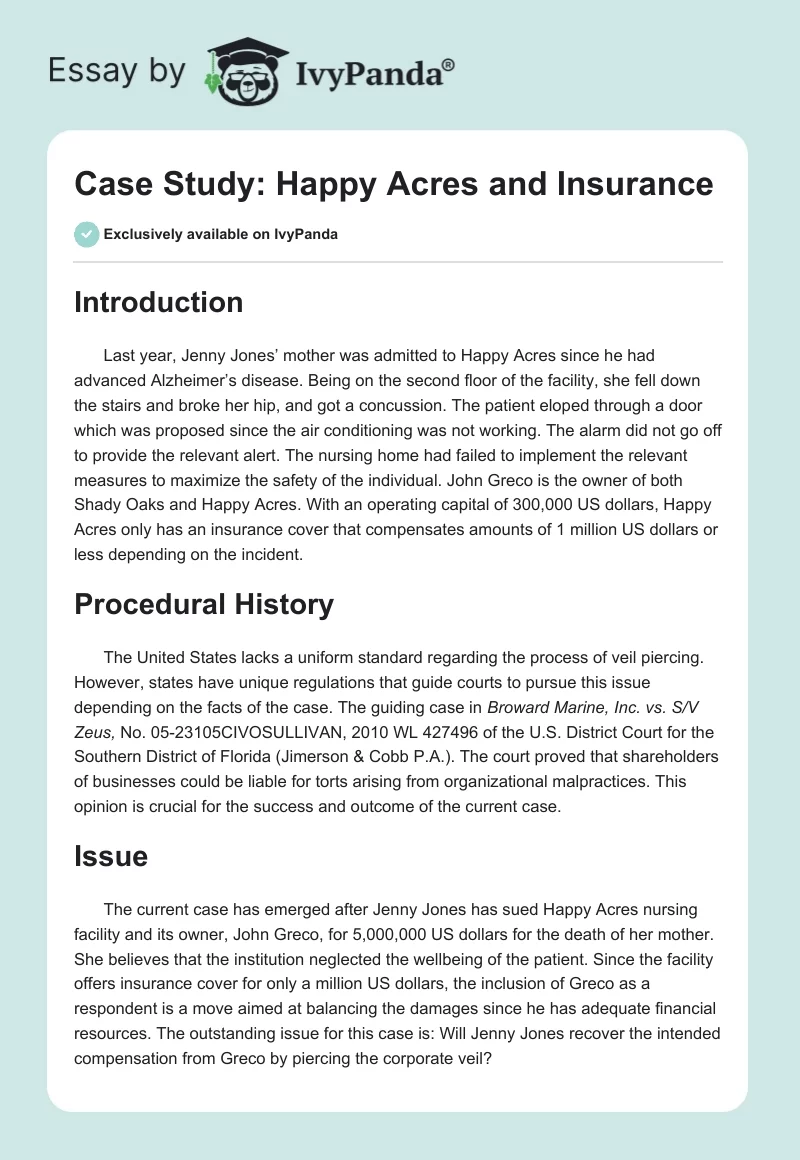 Case Study: Happy Acres and Insurance. Page 1